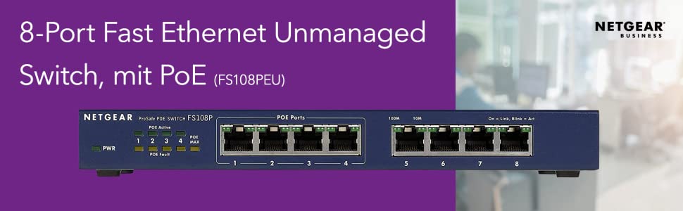 Netgear FS108PEU 8-Port Fast Ethernet LAN PoE Switch Unmanaged 4x PoE 53W